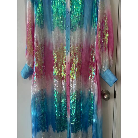 Retrofête Pastel Rainbow Sequin Dessa Maxi Dress XS Long Sleeve Button Front - Picture 8 of 13